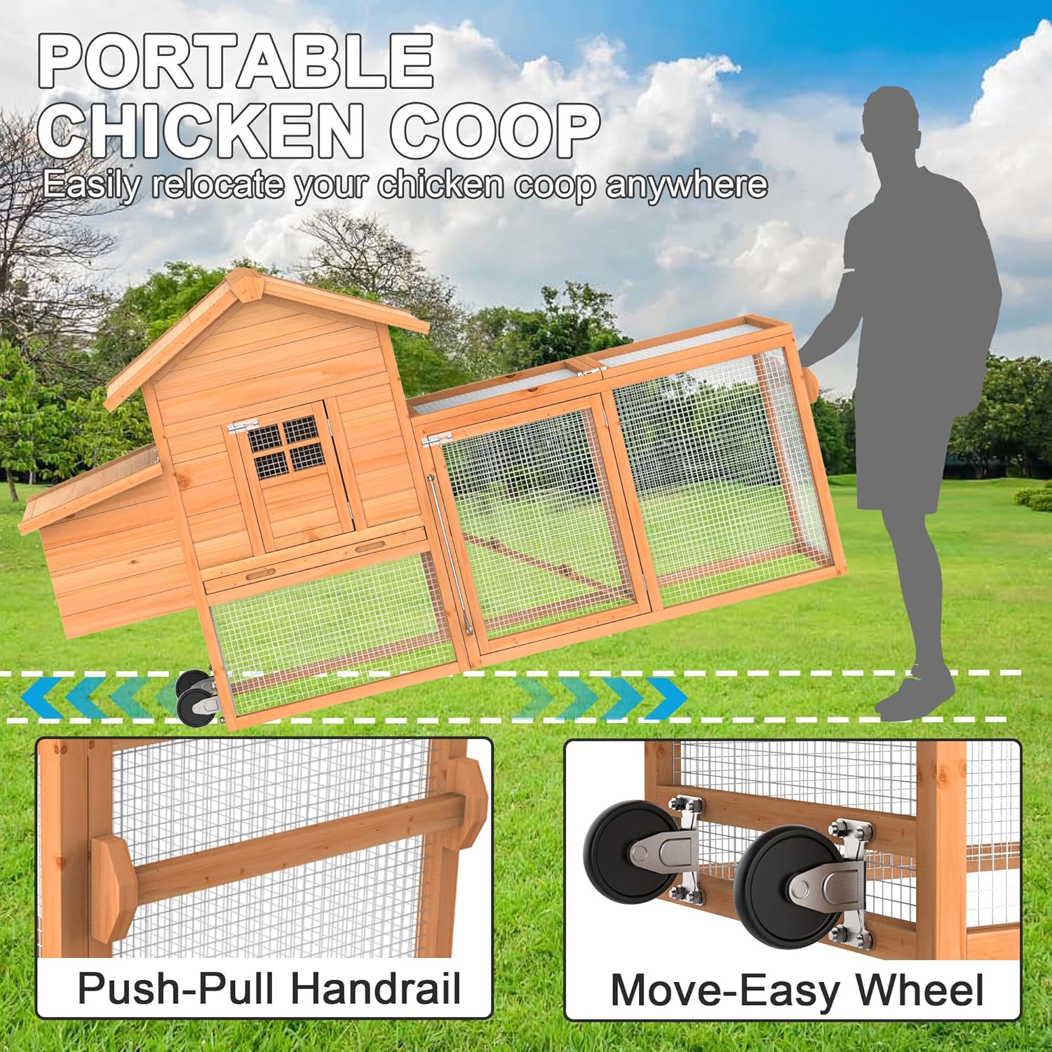 80" Portable Chicken Coop (Wood Top & Wheels)