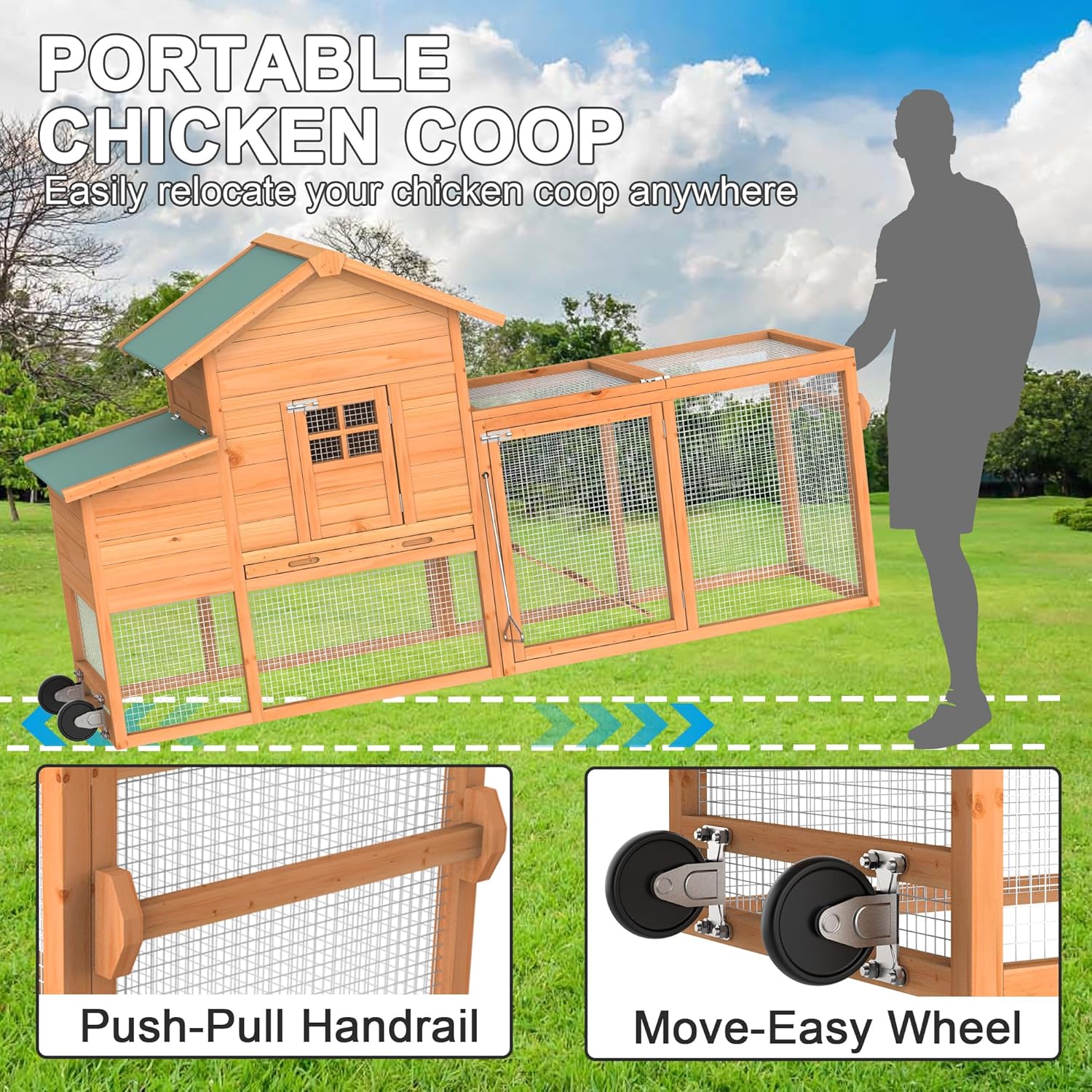 83" Portable Chicken Coop (Wheels & Handrail)