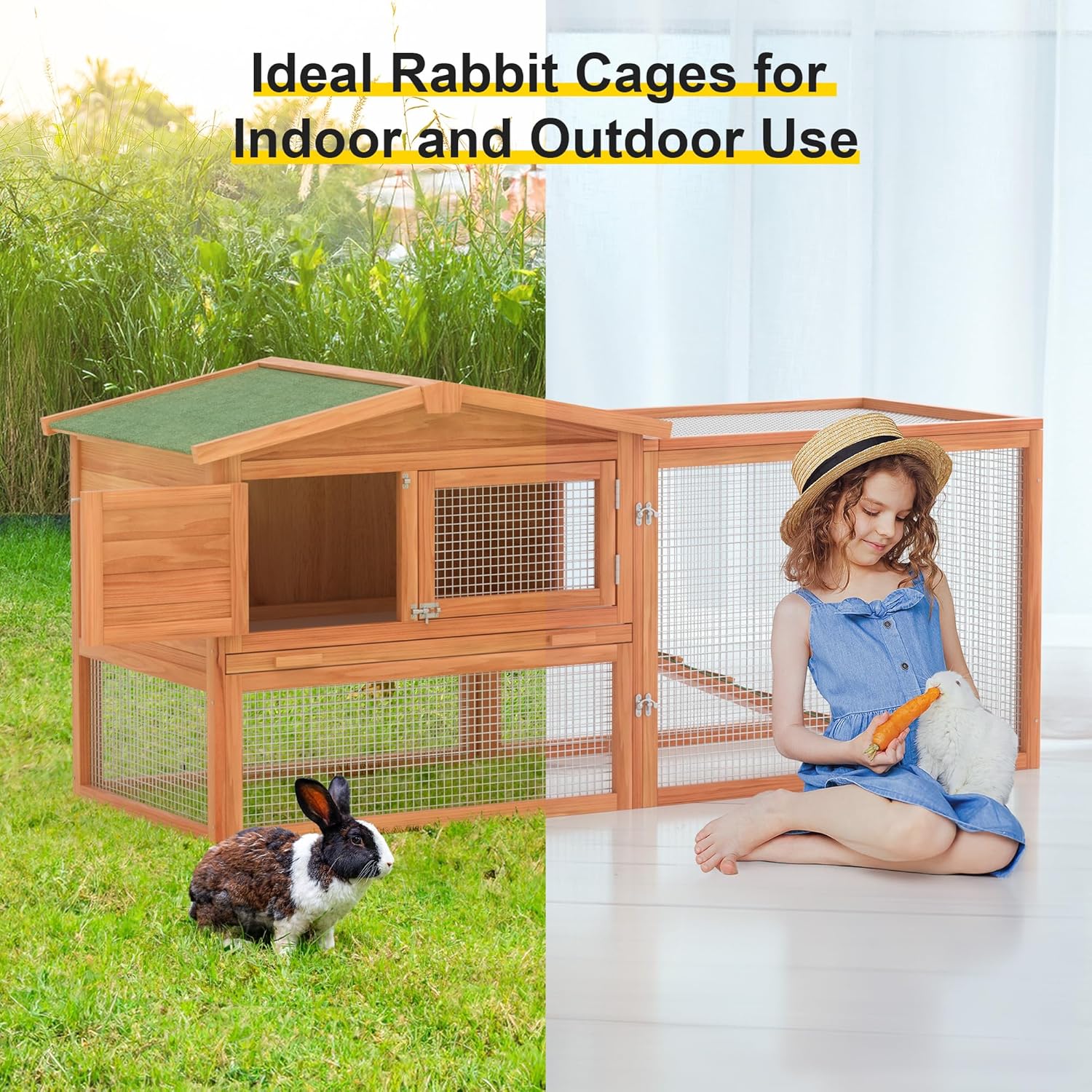 60" Outdoor Rabbit Cage Bunny Hutch (Green Asphalt Roof)