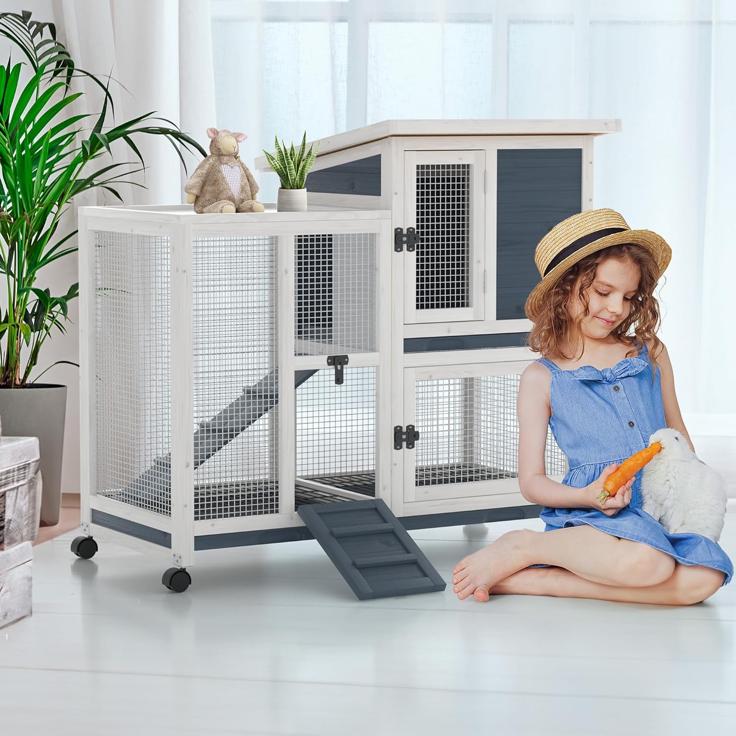 Two-Story Rabbit Hutch with Wheels & Tray