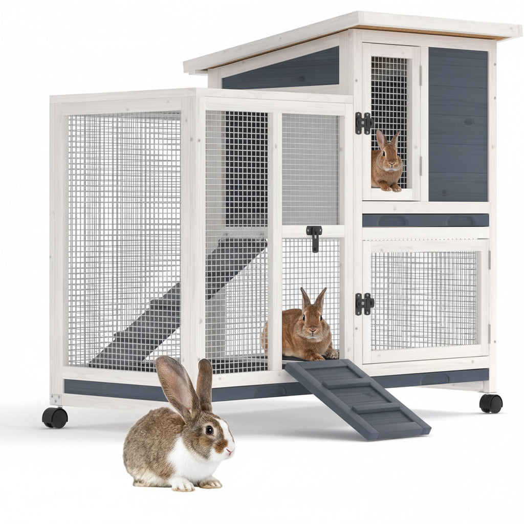 Two-Story Rabbit Hutch with Wheels & Tray – GOJOOASIS