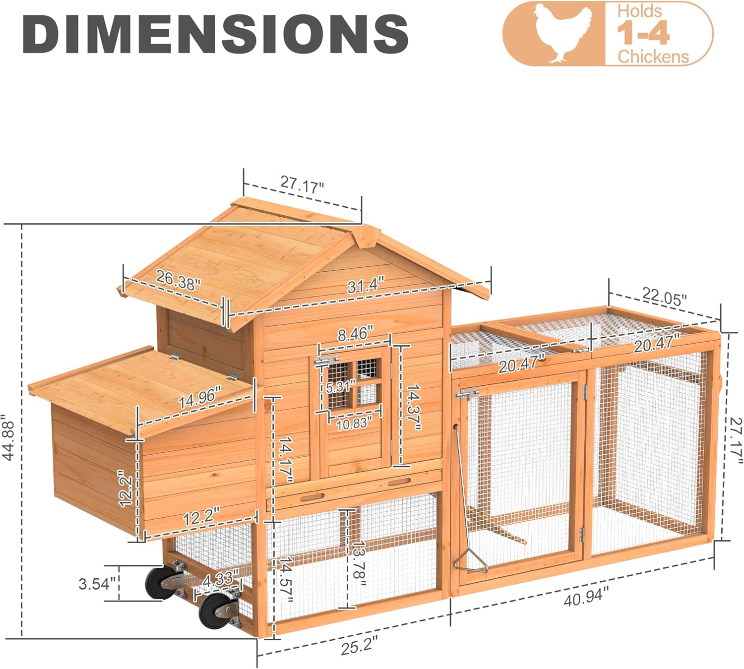 80" Portable Chicken Coop (Wood Top & Wheels)